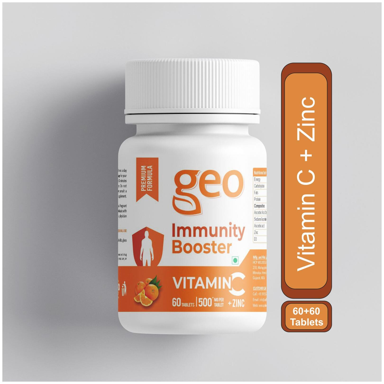 

Geo Vitamin C Zinc Immunity Booster Tablets 500mg (60 Tablets)(Pack of 2)