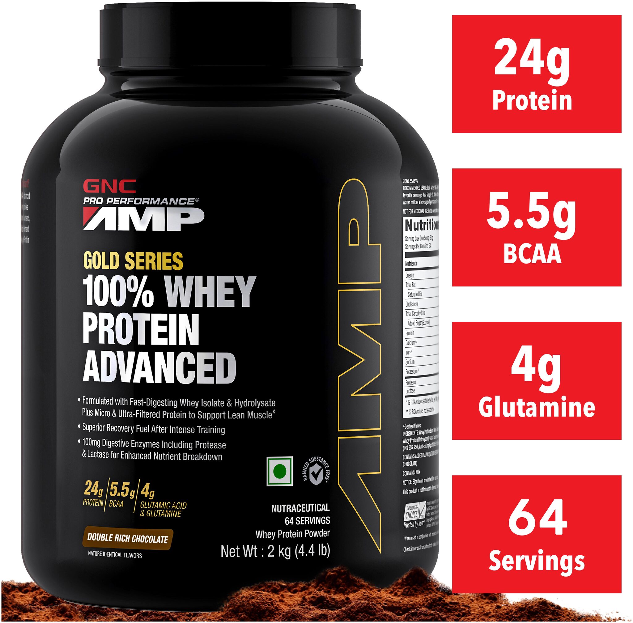 

GNC AMP Gold Series 100 Whey Protein Advanced - 24g Protein 5 5g BCAA 4g Glutamine 100mg Digestive Enzymes - 4 4 lbs 2 kg (Double Rich Chocolate)
