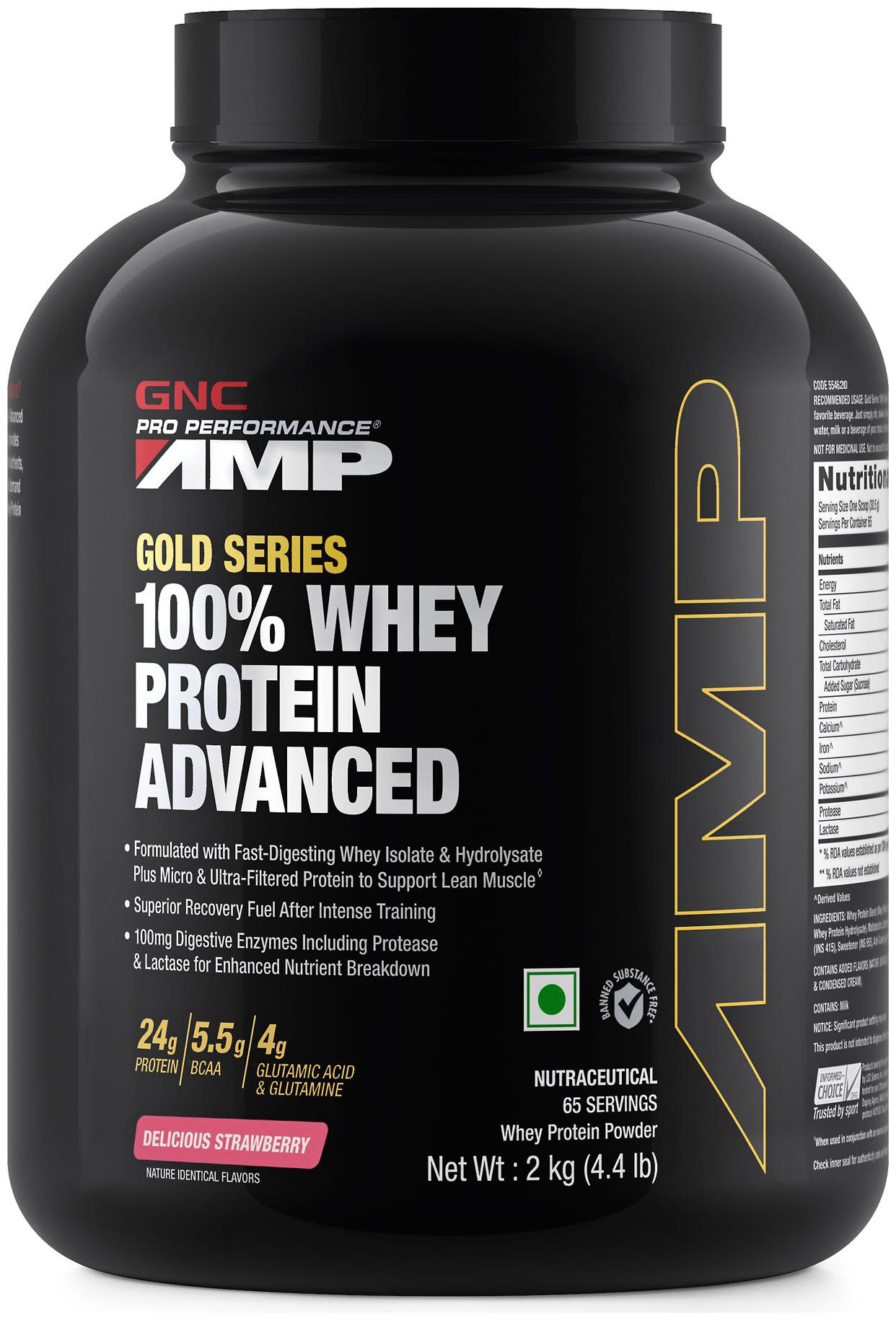 

GNC AMP Gold Series 100 Whey Protein Advanced - 24g Protein 5 5g BCAA 4g Glutamine 100mg Digestive Enzymes - 4 4 lbs 2 kg (Delicious Strawberry)