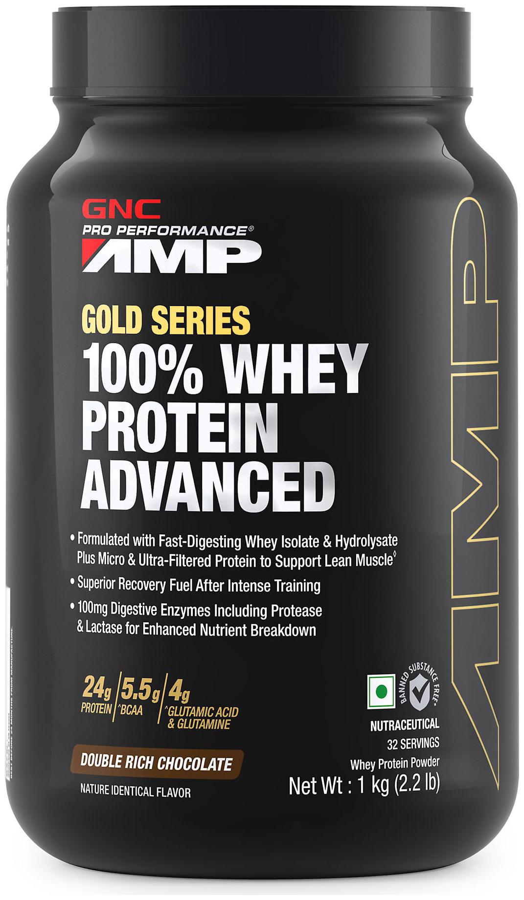 

GNC AMP Gold Series 100 Whey Protein Advanced - 24g Protein 5 5g BCAA 4g Glutamine 100mg Digestive Enzymes - 2 2 lbs 1 kg (Double Rich Chocolate)