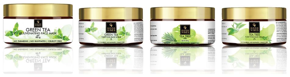 

Good Vibes Green Tea and Tea Trea Skin Care Combo (Set of 4) - Face Scrub Mask Cream Gel