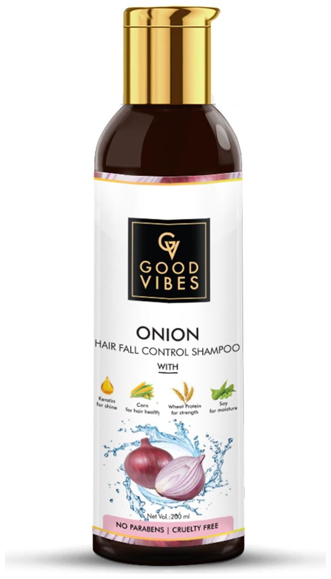 

Good Vibes Onion Hairfall Control Shampoo with Keratin for Shine Corn for Hair Health Wheat Protein for Strength Soy for Moisture 200 ml (Pack Of 1)