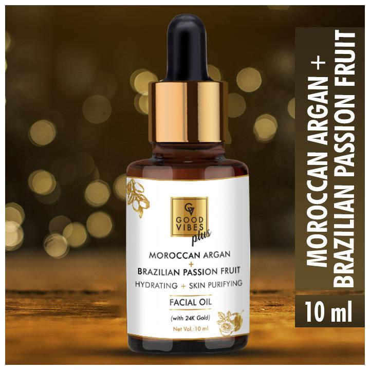 

Good Vibes Plus Moroccan Argan Brazilian Passion Fruit Hydrating Skin Purifying Facial Oil with 24K Gold (10 ml) (Pack of 1)