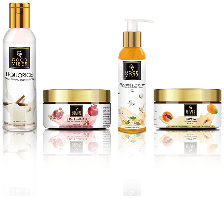 

Good Vibes Skin Care Combo (Set of 4) - Papaya Face Mask Pomegranate Face Scrub Orange Blossom Face Wash Liquorice Body Lotion