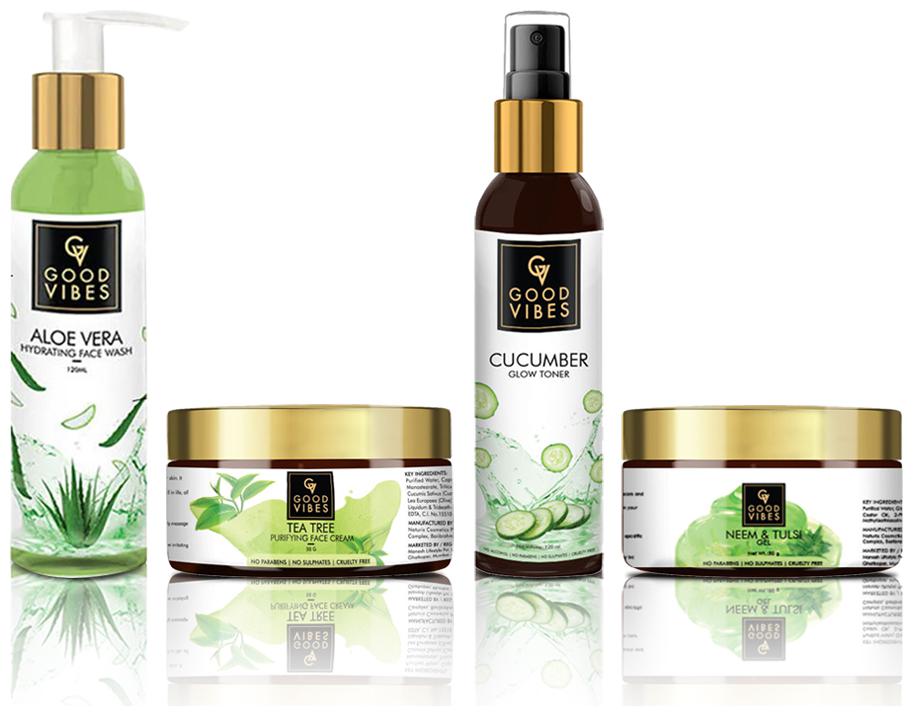

Good Vibes Skin Care Combo (Set of 4) - Aloe Vera Face Wash Cucumber Toner Neem Tulsi Gel Tea Tree Face Cream