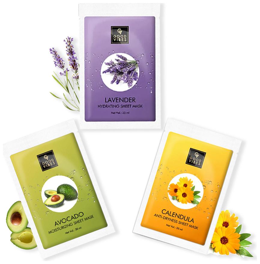 

Good Vibes Sheet Masks for Dry Skin Combo (Lavender-20ml Avocado-20ml Calendula-20ml)(Pack of 3)