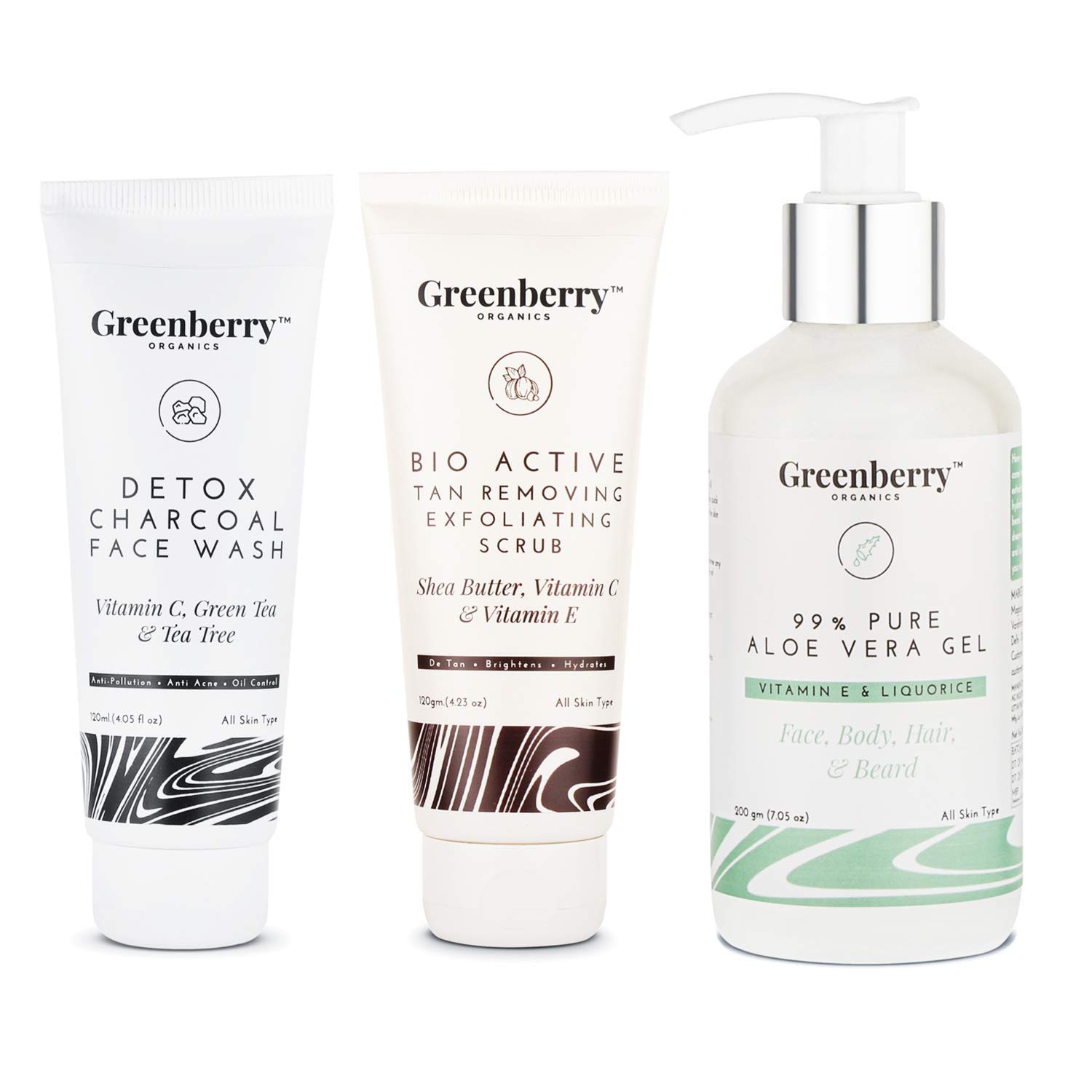 

Greenberry Organics Deep Face Ceansing Moisturising Combo with 99 Pure Aloe Veragel Detox Charcoal Face Wash Tan Removing Exfoliating Scrub (Pack Of 3)