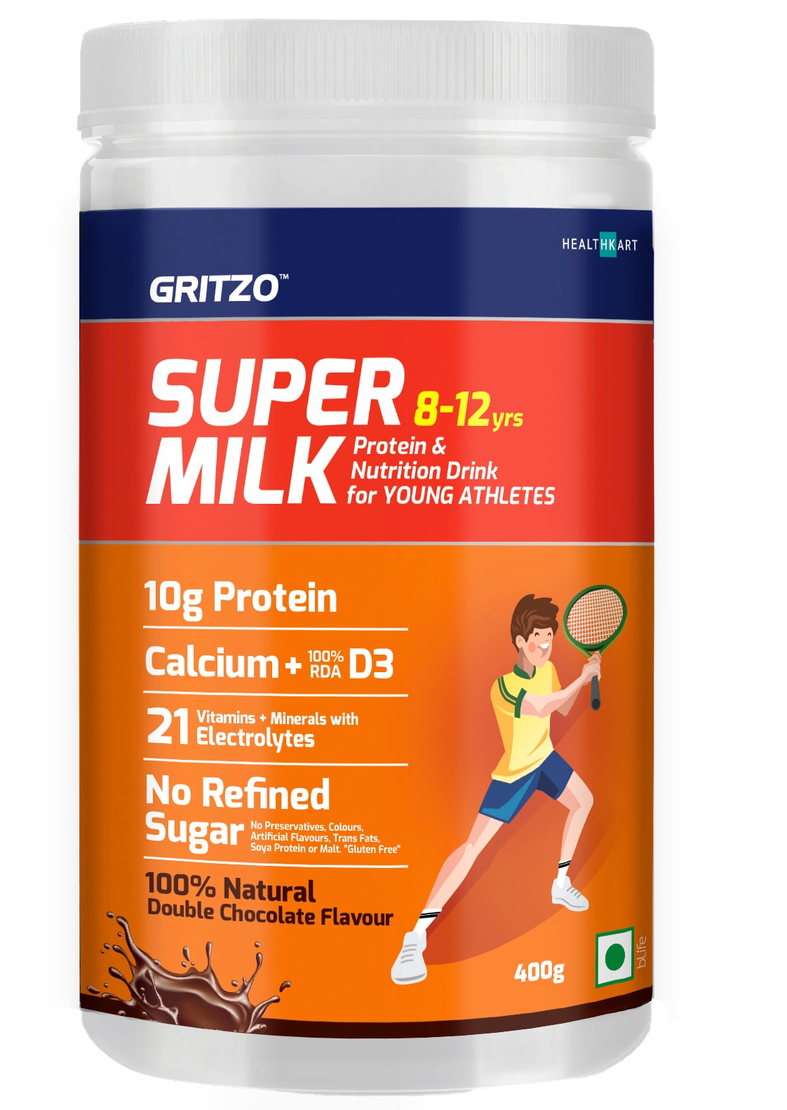 

Gritzo SuperMilk Health Protein Sports Nutrition Drink for Kids (8-12 yrs) NO Refined Sugar Natural Chocolate Flavour 400g