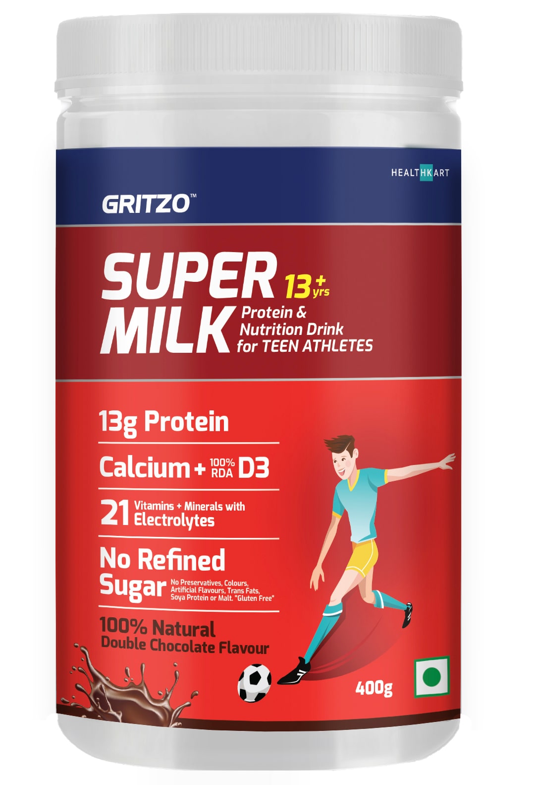 

Gritzo SuperMilk Health Protein Sports Nutrition Drink for Kids (13-18 yrs) NO Refined Sugar Natural Chocolate Flavour 400g