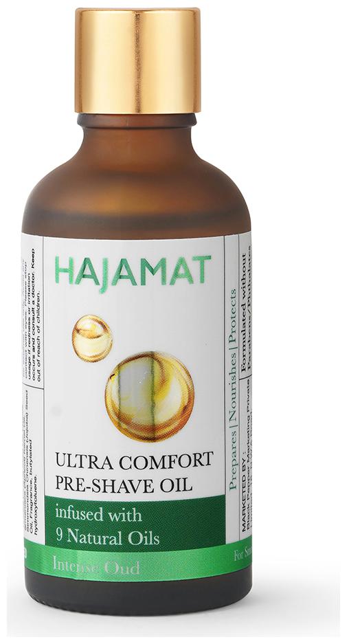 

HAJAMAT Ultra-Comfort Pre-Shave Oil infused with 9 Natural Oils Intense Oud Contains goodness of Jojoba Almond Apricot Grape oil Protects Against Irritation Razor Burn-50ml