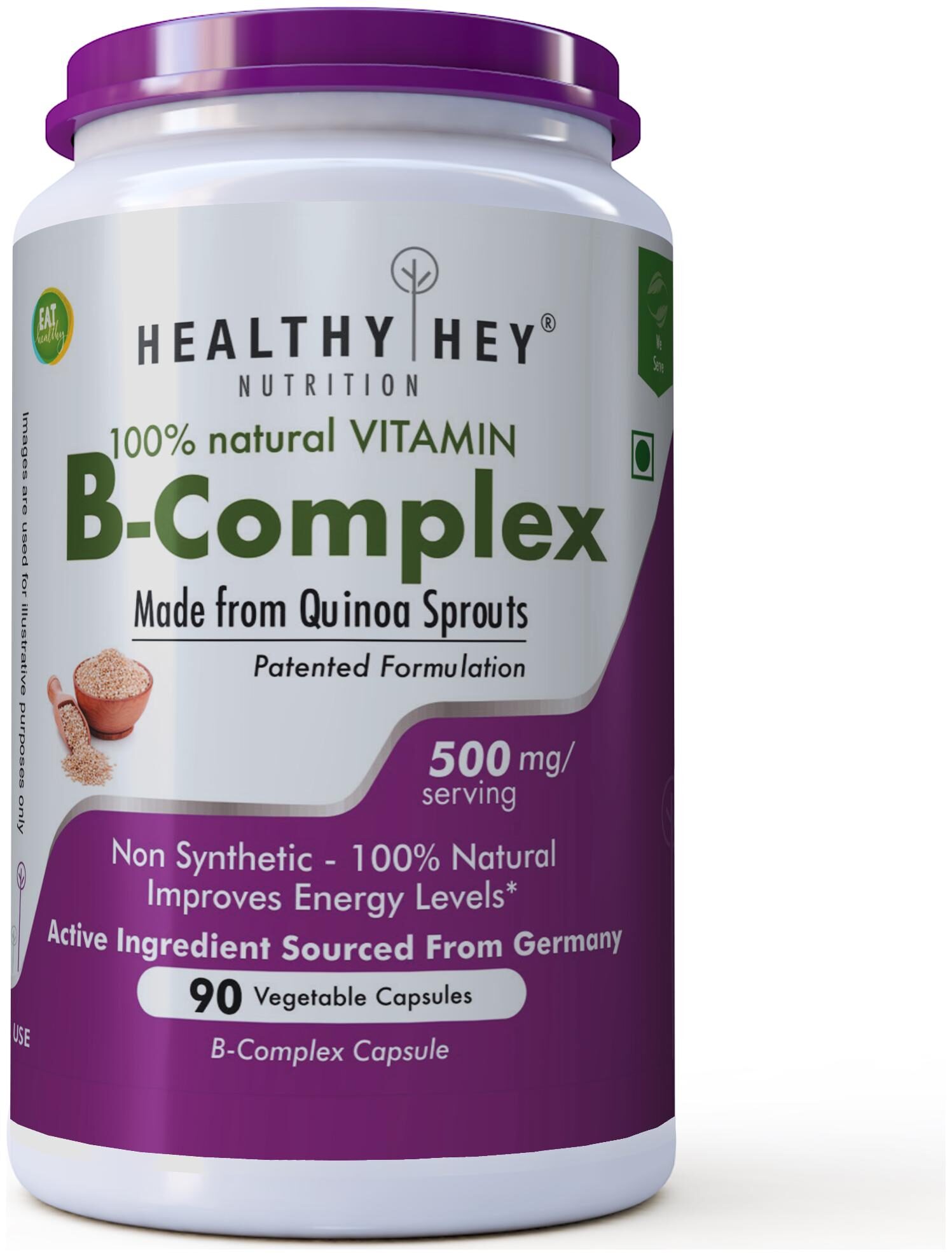 

HEALTHY HEY NUTRITION 100 Natural Vitamin B-Complex - Made from Quinoa Sprout - Made in Germany - No Chemical - Non Synthetic (90 Vegetable Capsules)
