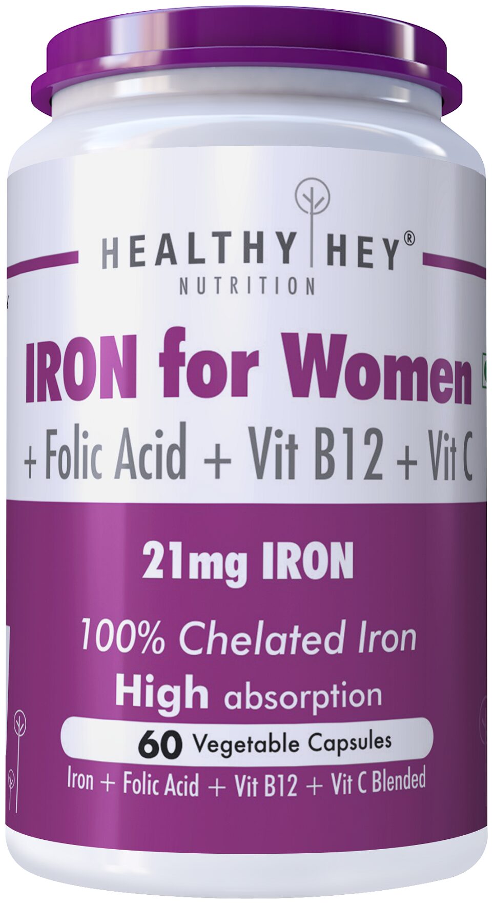 

Healthy Hey Nutrition Iron Supplement for Women -100 Chelated - With Vitamin B12 Folic Acid Vitamin C for High Absorption (60 Veg Capsules) Immunity Immunity Booster