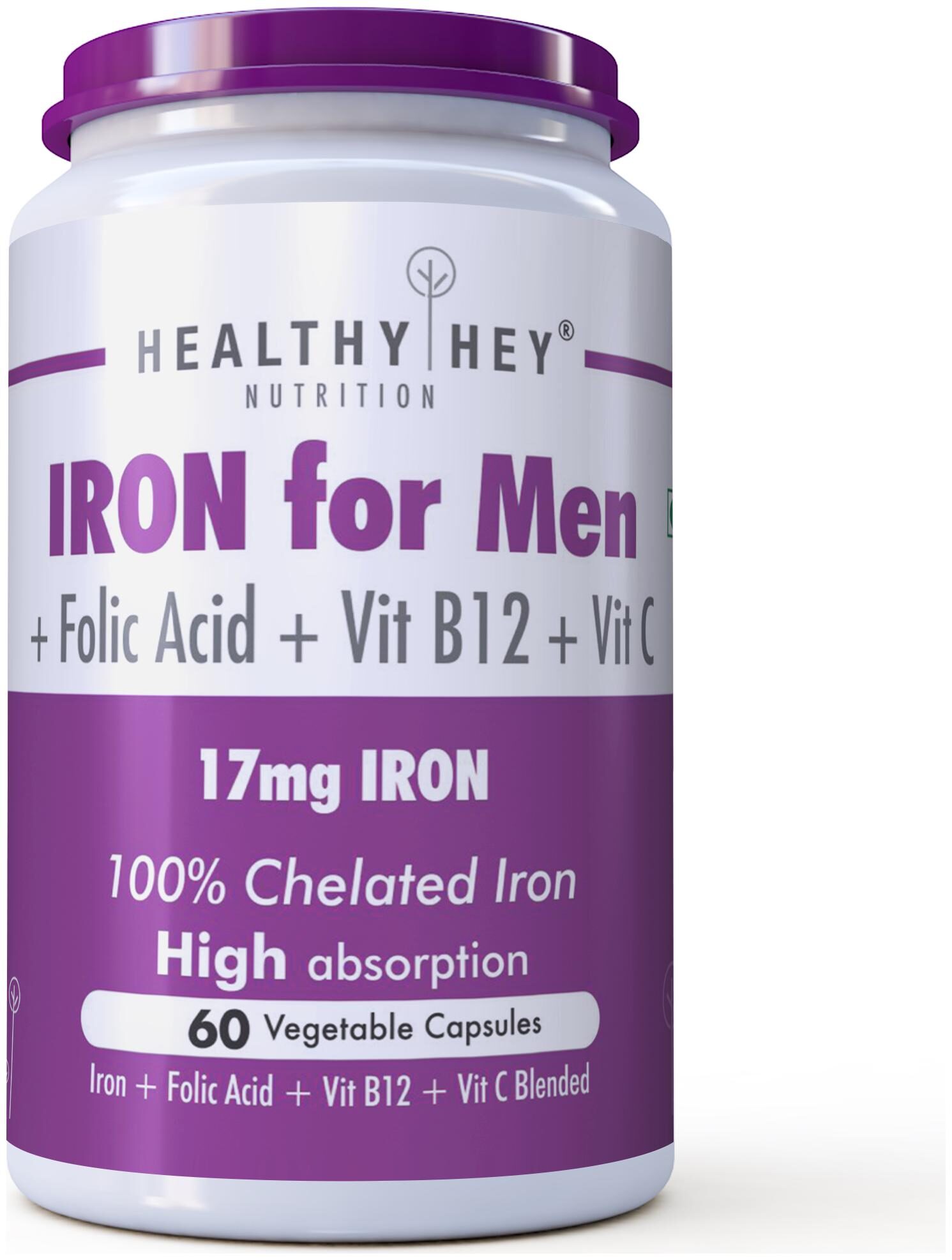 

Healthy Hey Nutrition Iron Supplement for Men -100 Chelated - With Vitamin B12 Folic Acid Vitamin C for High Absorption (60 Veg Capsules) Immunity Immunity Booster