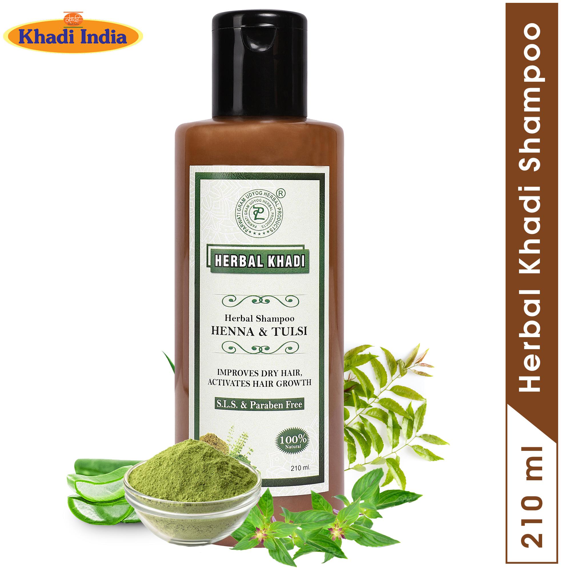

Herbal Khadi Heena Tulsi Shampoo Intense Damage Repair Antidanruff Hair Growth Booster No SLS Paraben -210ml (Pack of 1)