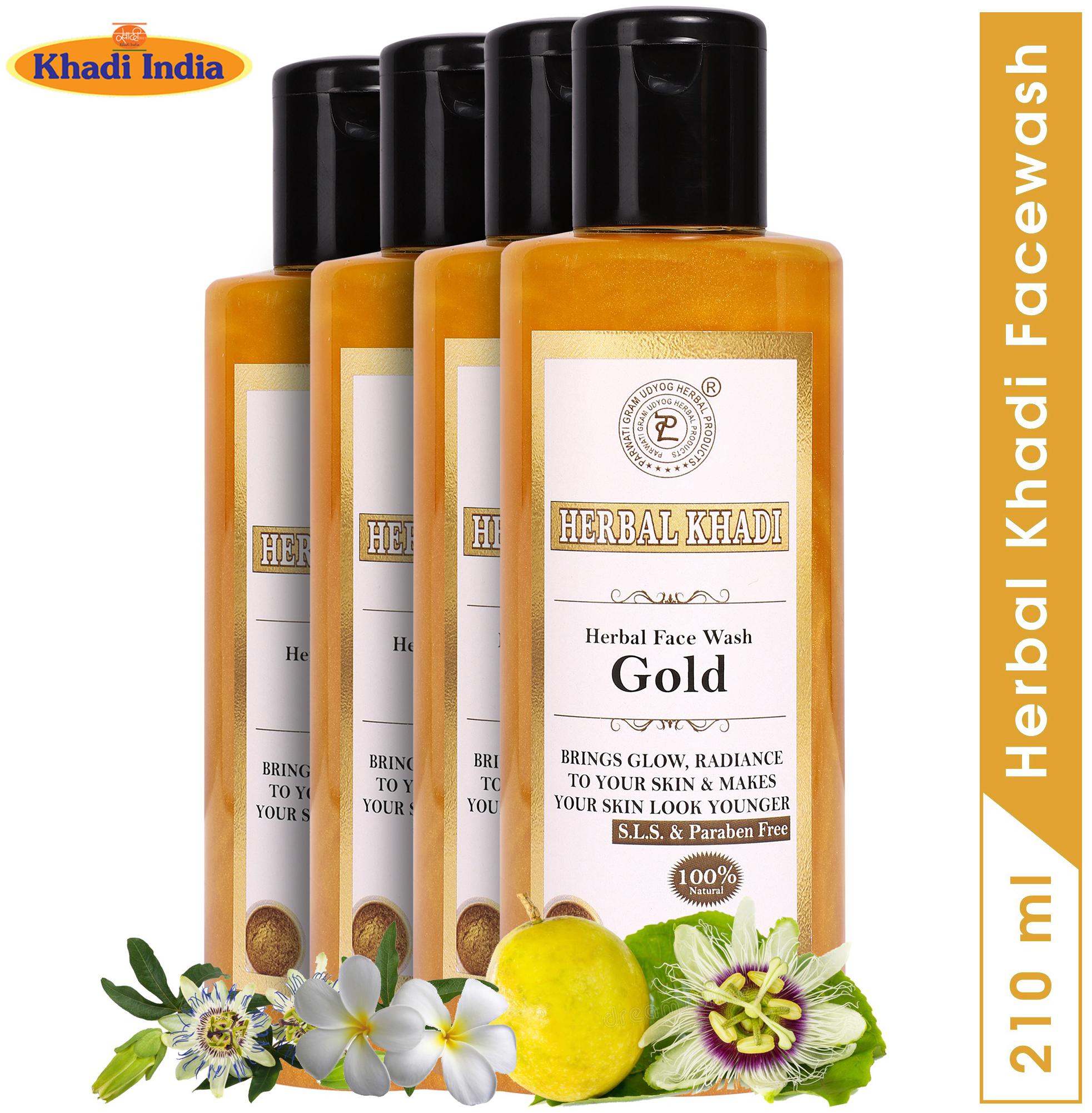 

Herbal Khadi Gold (No Sulphates Parabens) 100 Natural Collagen Face Wash For Wrinkle Free Brightening Glowing Skin 210 ml ( Pack of 4 )