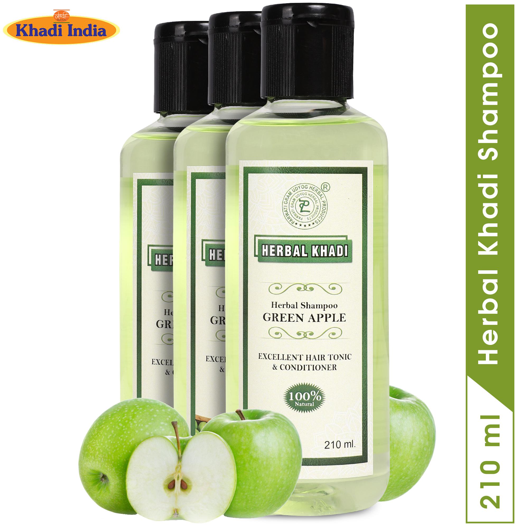 

Herbal Khadi Green Apple Herbal Natural Shampoo Enriched With Amla Bhringraj Extracts Purifying Soft Shiny Smooth Hair 210 ml (Pack of 3)