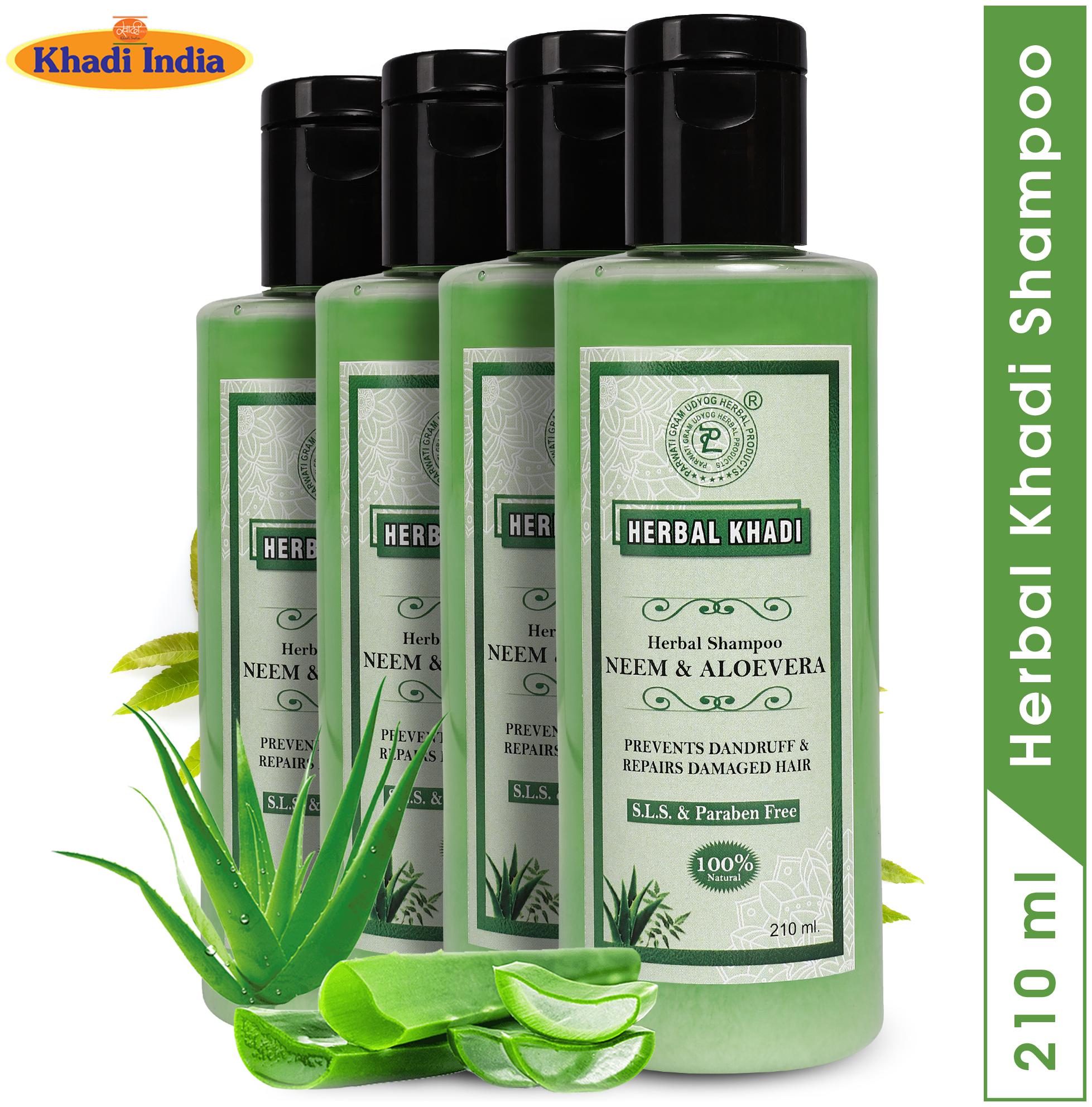 

Herbal Khadi Neem Aloevera Shampoo (No Sulphate Paraben) Anti Dandruff Anti Fungual Scalp Healer Hair fall Control 210 ml (Pack of 4)