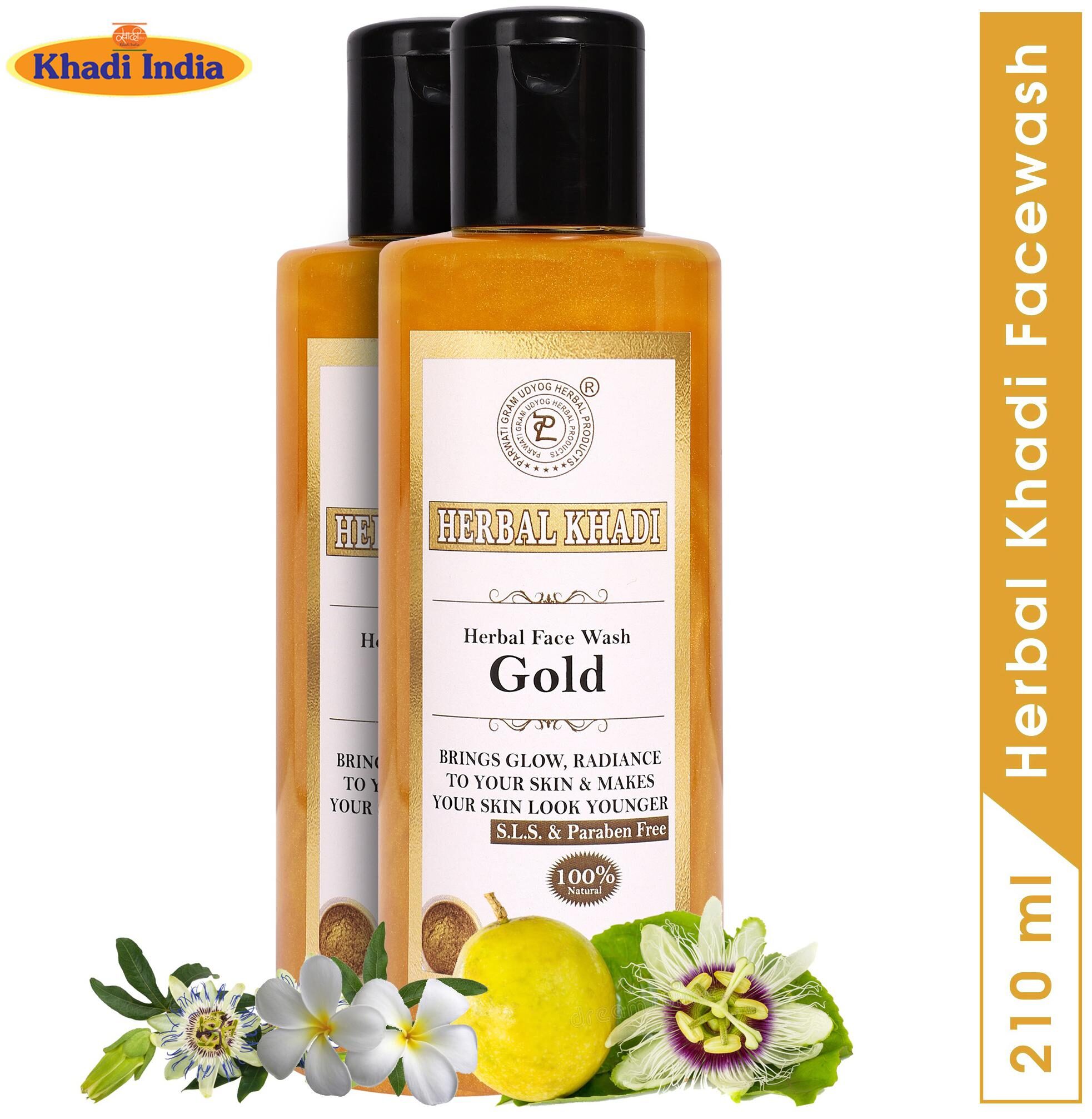 

Herbal Khadi Gold (No Sulphates Parabens) 100 Natural Collagen Face Wash For Wrinkle Free Brightening Glowing Skin 210 ml ( Pack of 2 )