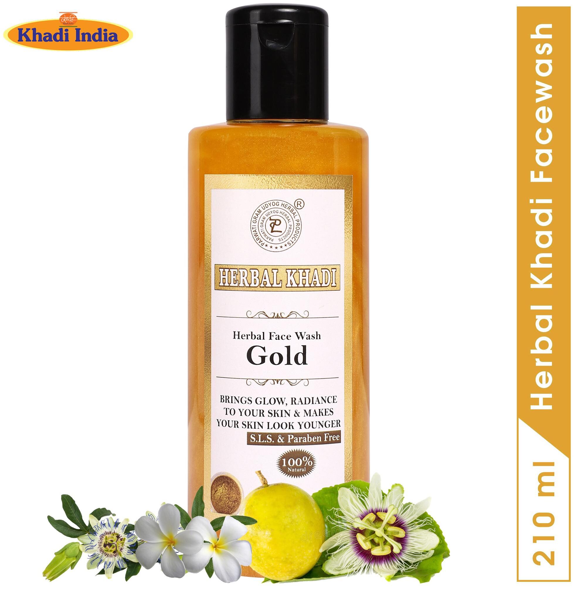 

Herbal Khadi Gold (No Sulphates Parabens) 100 Natural Collagen Face Wash For Wrinkle Free Brightening Glowing Skin 210 ml ( Pack of 1 )