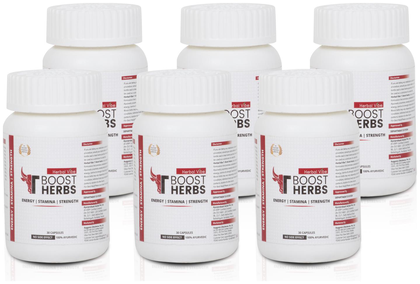 

Herbal Vibe T-Boost Herbs Testosterone Booster for men Ayurvedic Product 30 capsules Pack of 6