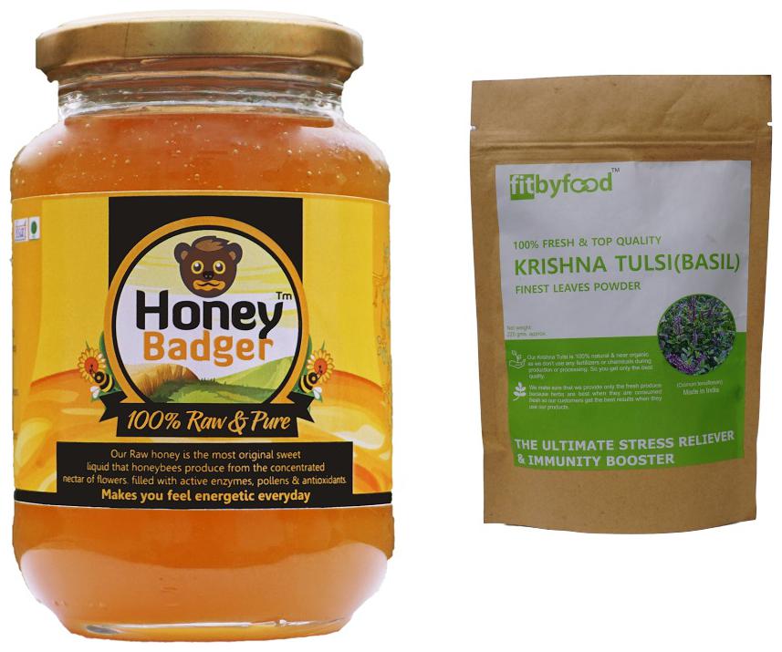 

HONEY BADGER Unfiltered 100 Pure for Sure Honey 500 g with fitby food Tulsi(Basil) Leaf Powder-220g(Pack of 2)