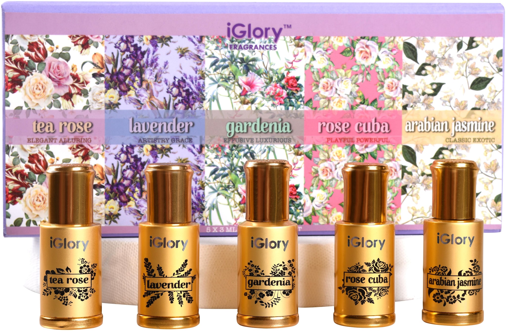 

iGlory Floral Non Alcoholic Perfume with Steel Ball Roll on for Women (Arabian Jasmine Gardenia Rose Cuba Tea Rose Lavender) 3 ml each (Pack of 5)