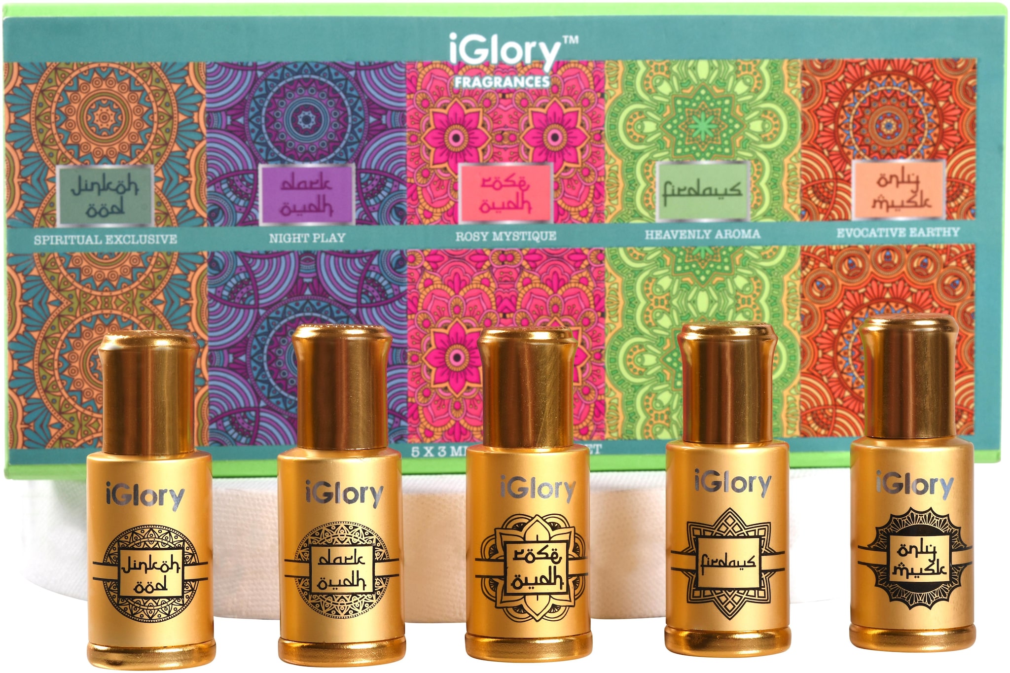

iGlory Non-Alcoholic Oudh and Arabic Attar Ittar Roll-on Fragrances Set for Men and Women (Jinkoh Ood Dark Oudh Rose Oudh Firdaus and Only Musk) 3 ml each (Pack of 5)