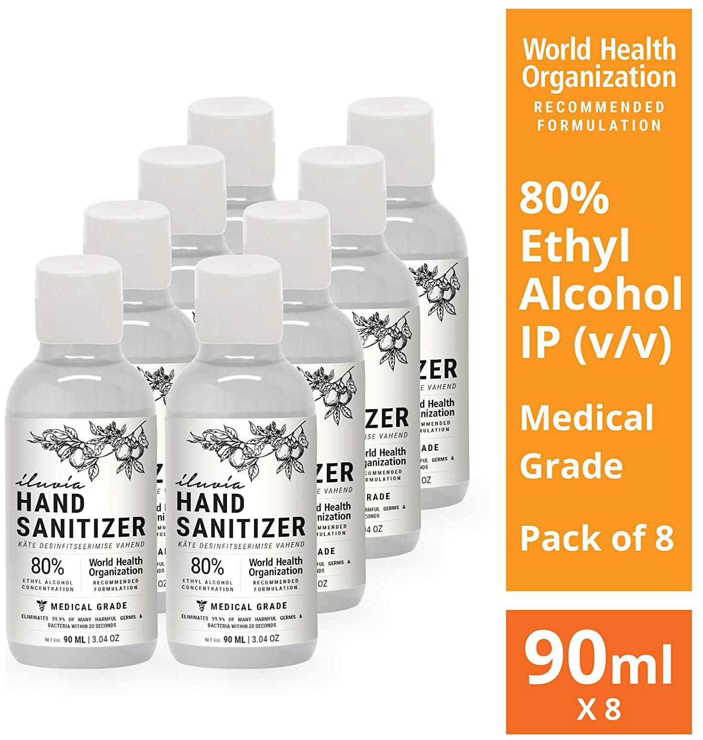 

Illuvia Sanitizer 80 Ethyl Alcohol Concentration 90ml ( Pack of 8)