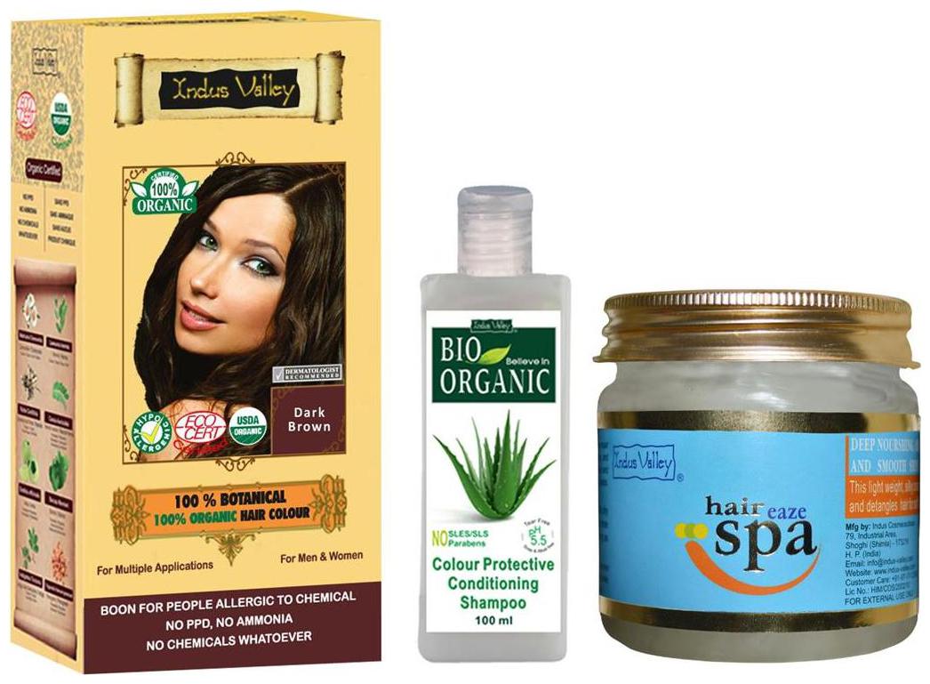 

Indus Valley Best Natural Botanical Dark Brown Hair Colour With Hair Eaze Spa And Alkali Free Bio Colour Protective Shampoo (For Smooth Healthy Hair) Combo Pack Set of 3