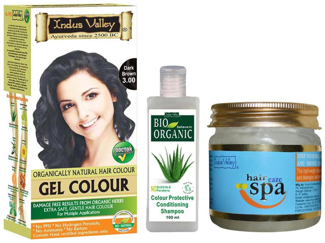 

Indus Valley Chemical Free Gel Dark Brown 1 0 Hair Colour With Deep Conditioning Eaze Spa 1 Bio Colour Protective Shampoo (Hair Treatment Kit) ( Combo Pack (Set of 3)