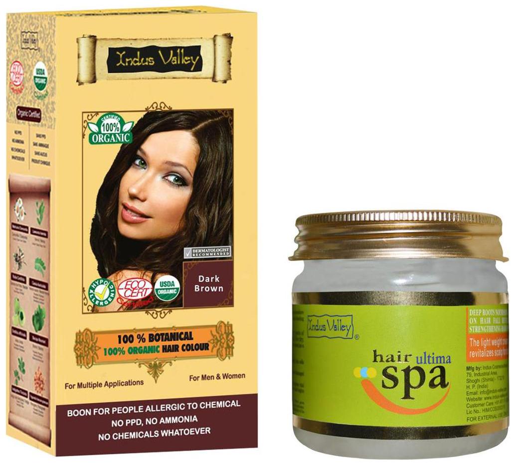 

Indus Valley 100 Organic Botanical Dark Brown Hair Colour With Professional Hair Ultima Spa Treatment (Increase Volume To Hair) Combo Pack Set of 2