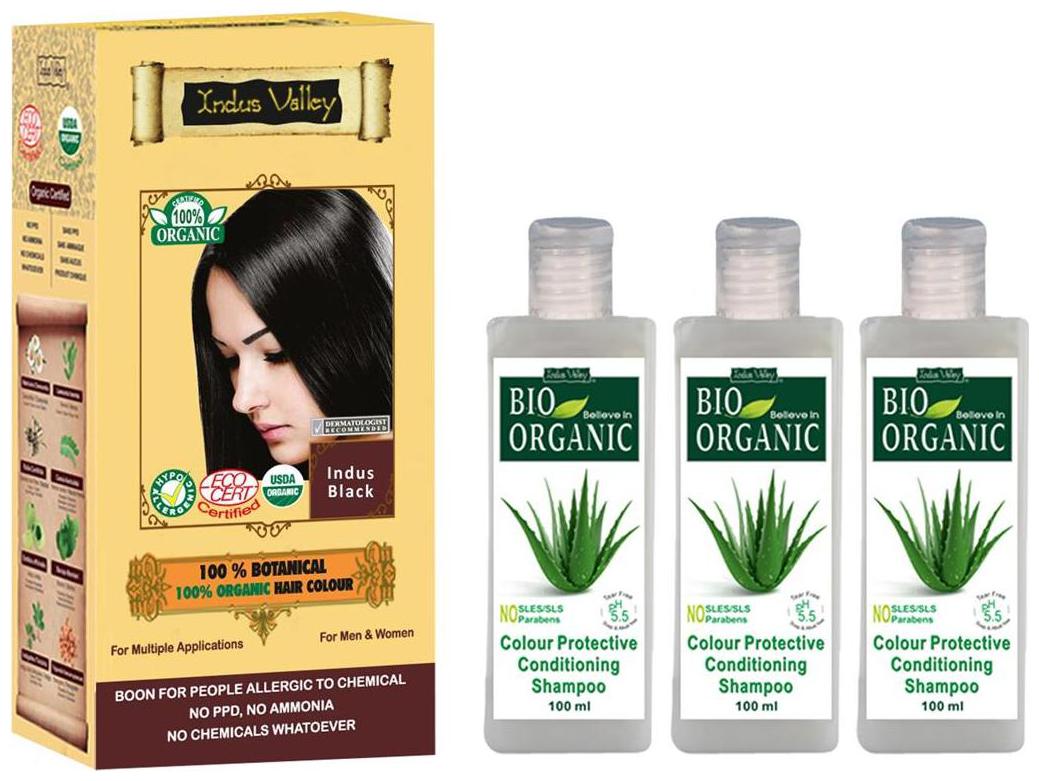 

Indus Valley 100 Safe Botanical Indus Black With 3 Bio Colour Protective Shampoo (For Conditioning Hair) Combo Pack Set of 4
