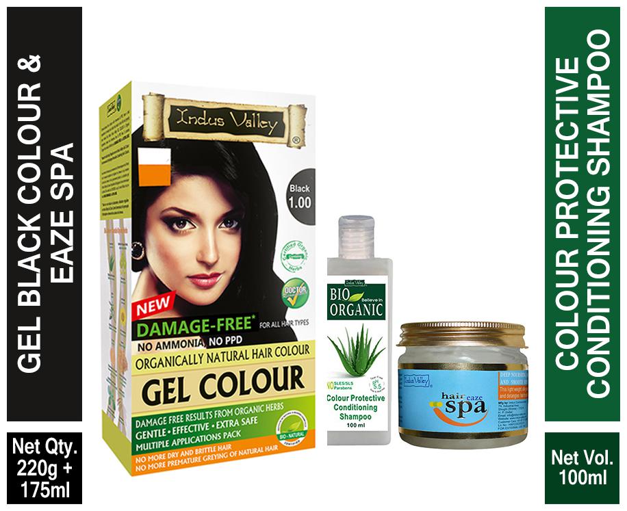 

Indus Valley Amonia Free Gel Black 1 0 Hair Colour With Deep Conditioning Eaze Spa 1 Bio Colour Protective Shampoo (Hair Treatment Kit) (Combo Pack (Set of 3)