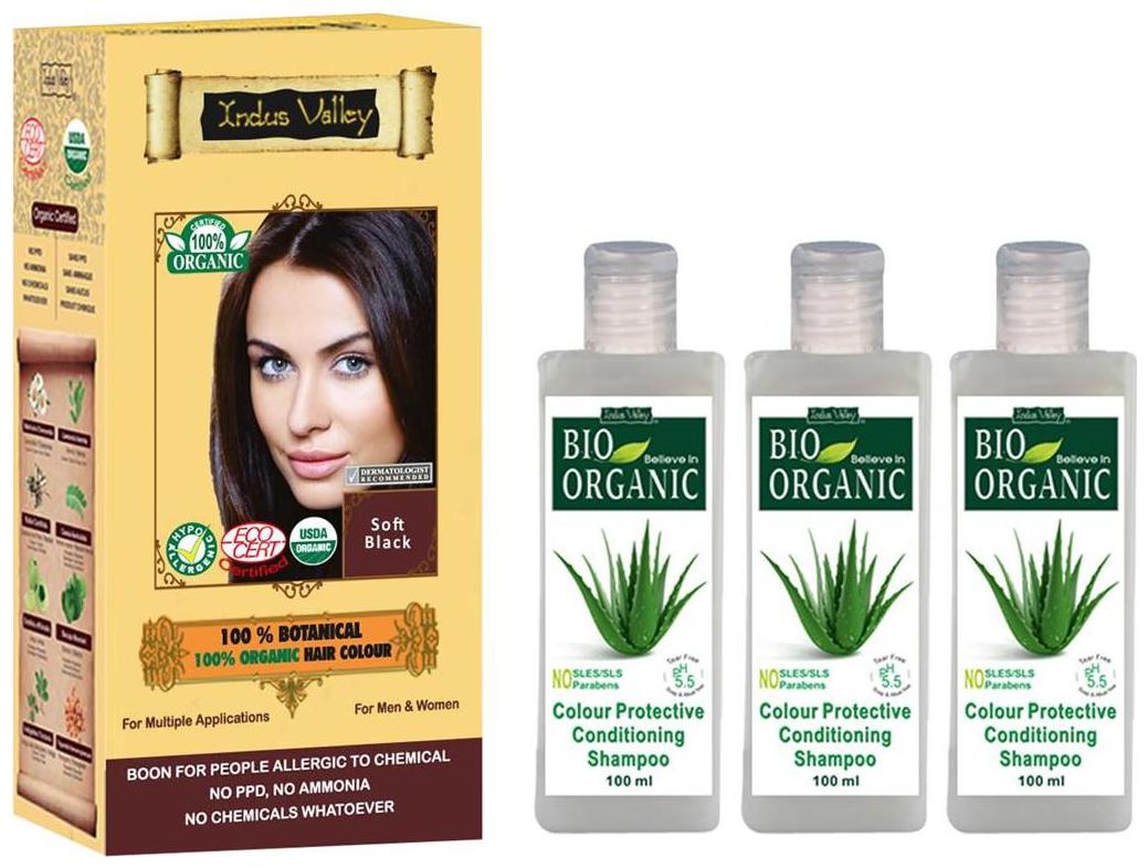 

Indus Valley 100 Botanical Soft Black With 3 Bio Colour Protective Shampoo (For Grey Coverage) Combo Pack Set of 4
