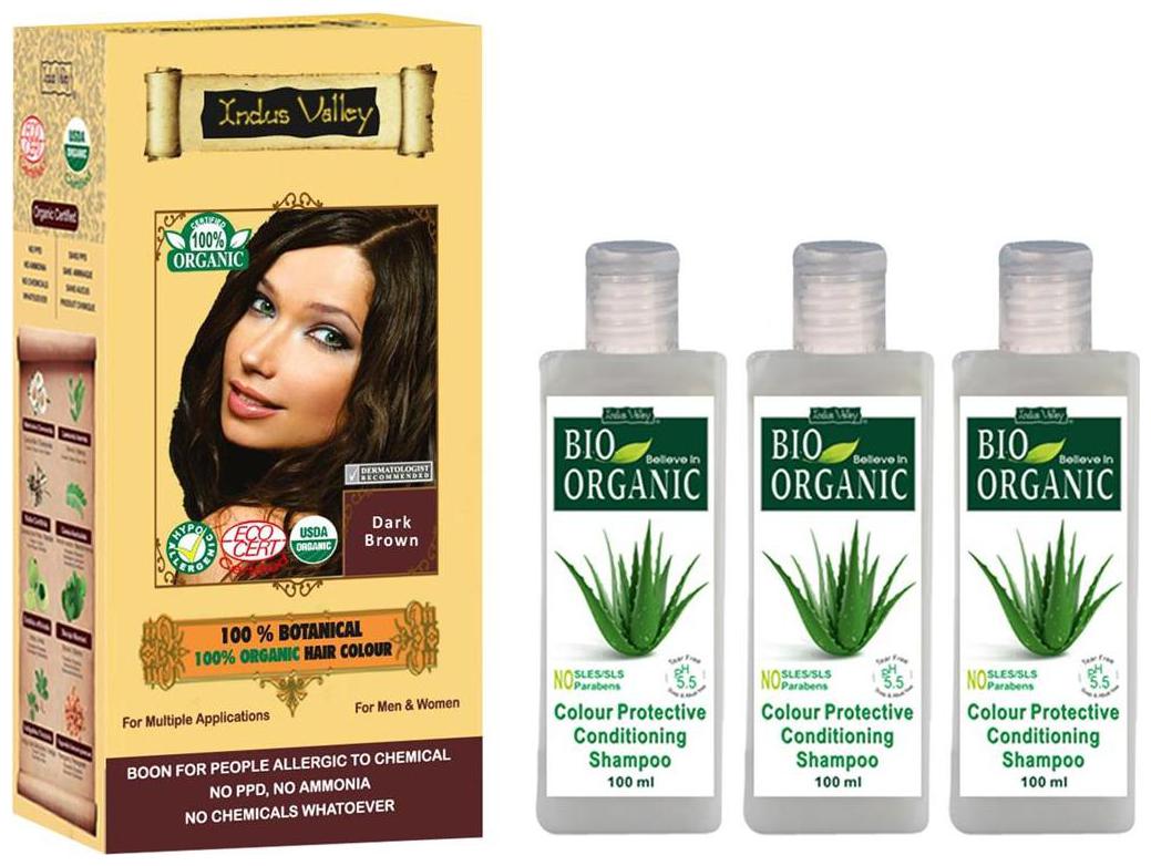 

Indus Valley Semi Parmanent Botanical Dark Brown With 3 Bio Colour Protective Shampoo (For Thicker Hair) Combo Pack Set of 4