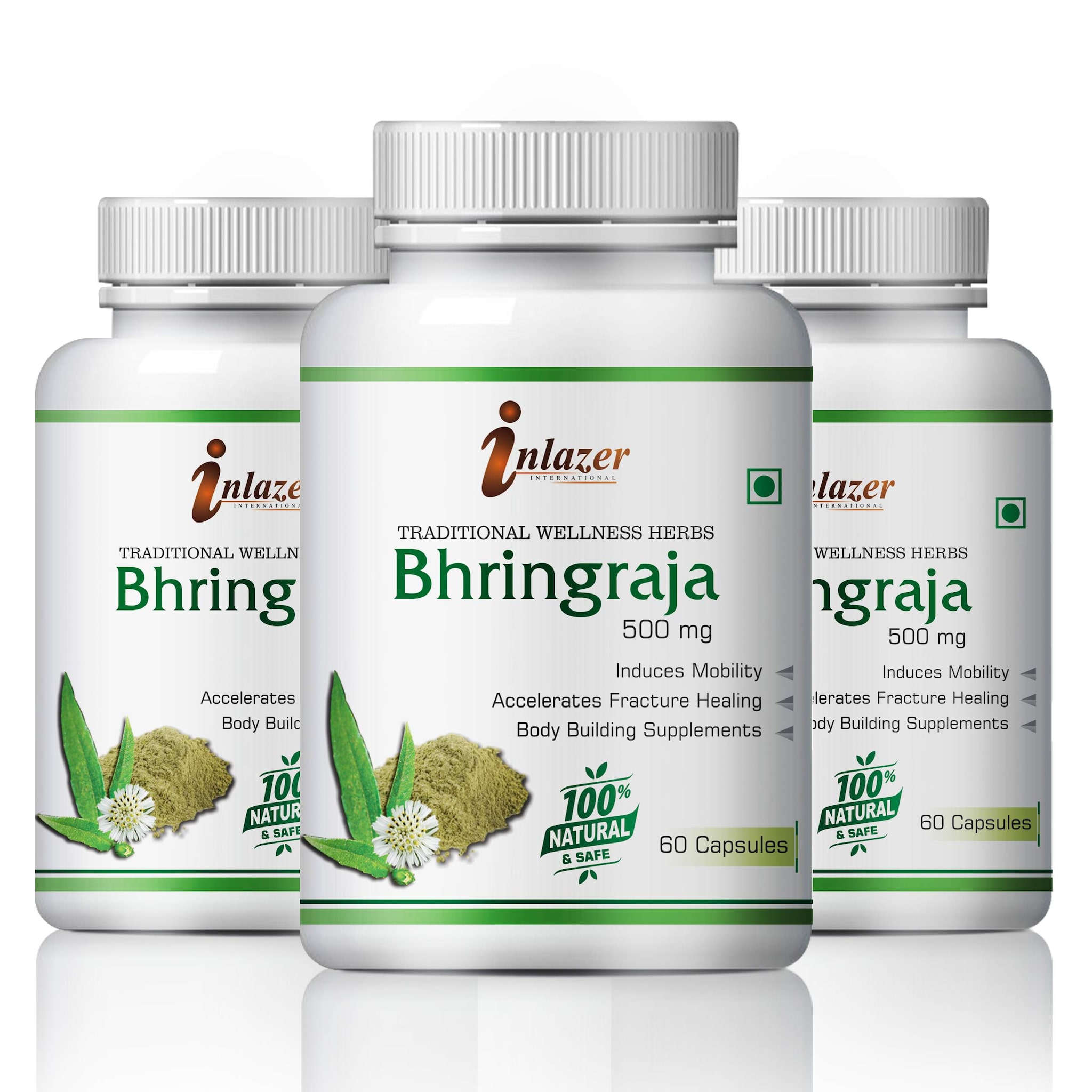 

Inlazer Bhringraja For Skin Hair High Blood Pressure 100 Ayurvedic Pack of 3 (180 Capsules)