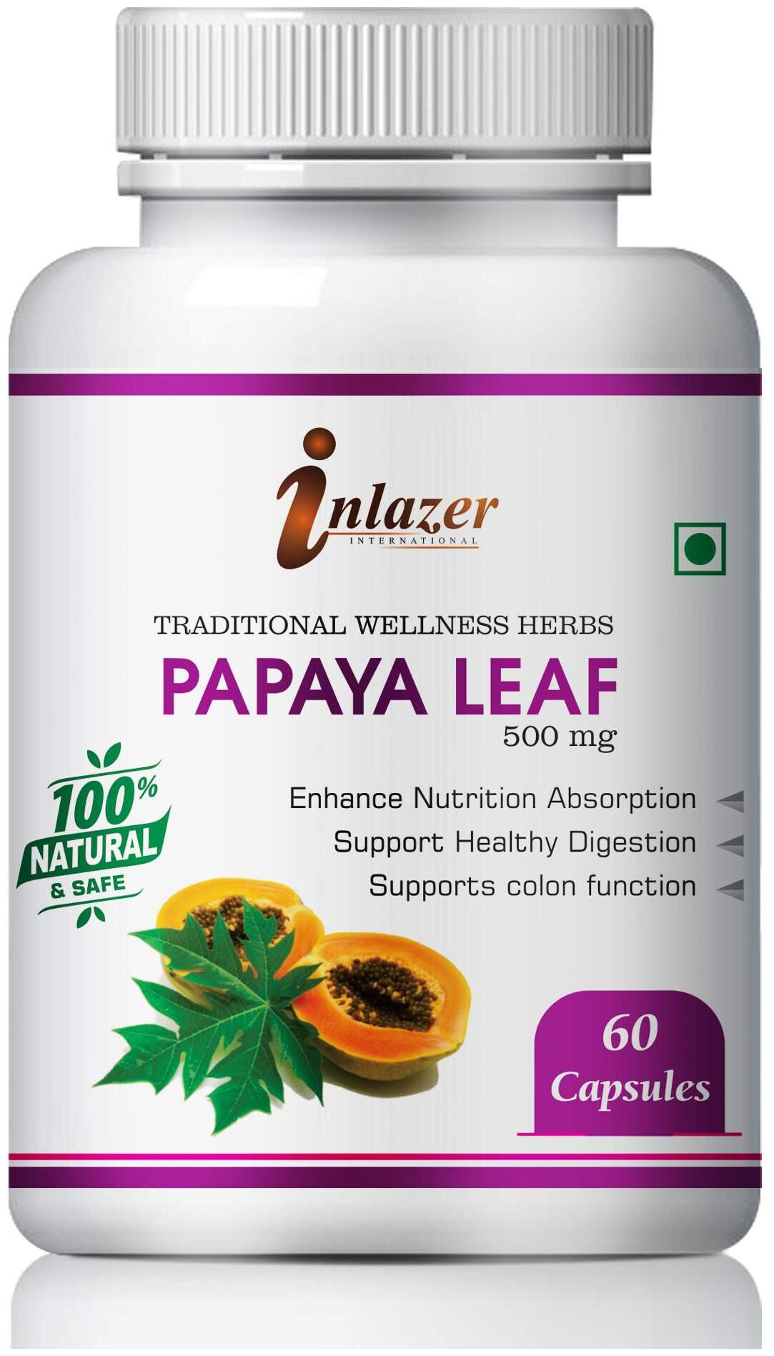 

Inlazer Papaya Leaf Herbal Capsules For Anti- Maleria Properties 500mg 100 Ayurvedic
