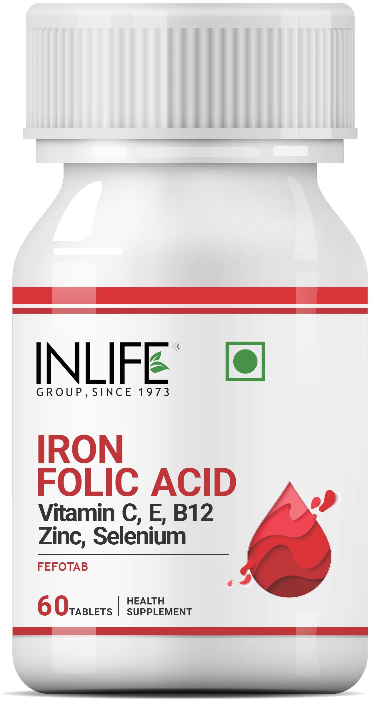 

INLIFE Chelated Iron Folic Acid Supplement with Vitamin C E B12 Zinc Selenium for Men Women - 60 Tablets
