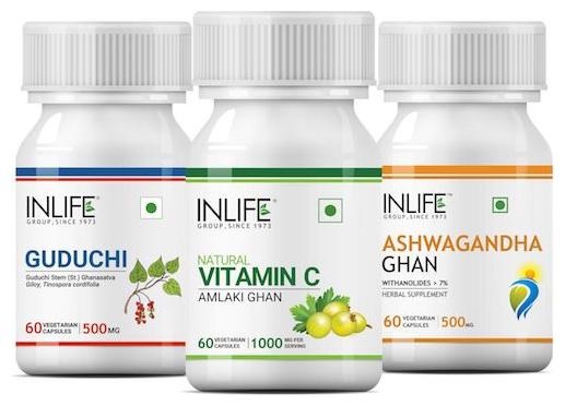 

INLIFE Natural Immunity Boosters for Adults Essential Kit Combo Amla (Natural Vitamin C) 60 Capsules and Guduchi Giloy 60 Capsules Or Ashwagandha 60 Capsules (Pack of 3)
