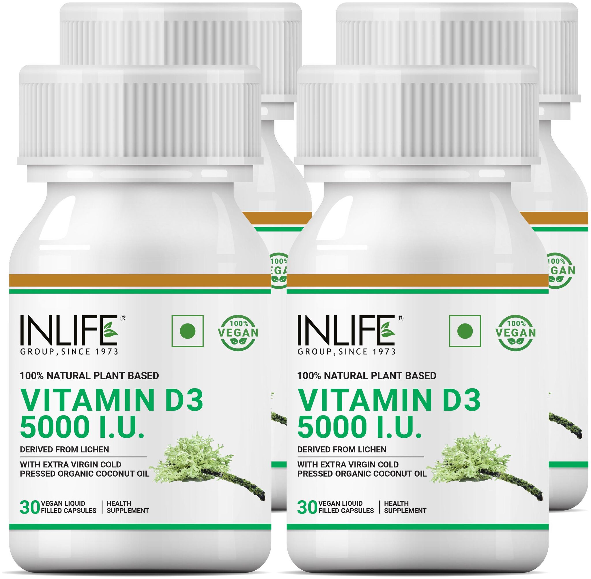 

INLIFE Plant Based Vegan Vitamin D3 from Lichen 5000 IU in Organic Extra Virgin Cold Pressed Coconut Oil for Bone Health Immune Support 30 Vegan Capsules ( Pack of 4)