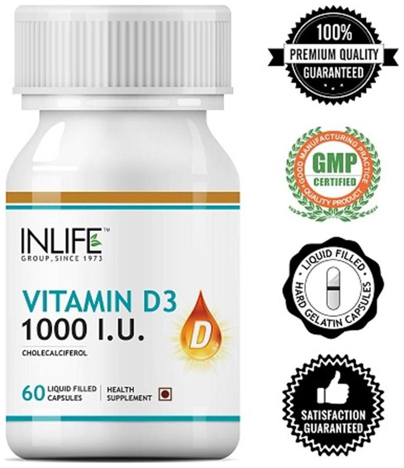 

Inlife Vitamin D3 (Cholecalciferol) 1000 IU - 60 Liquid Filled Capsules (Quick Release)