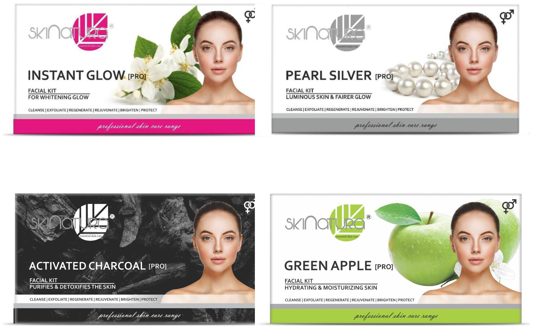 

Skinatura Instant Glow 115g Pearl Silver 115g Activated Charcoal 115g Green Apple Facial Kits 115g (Pack of 4)