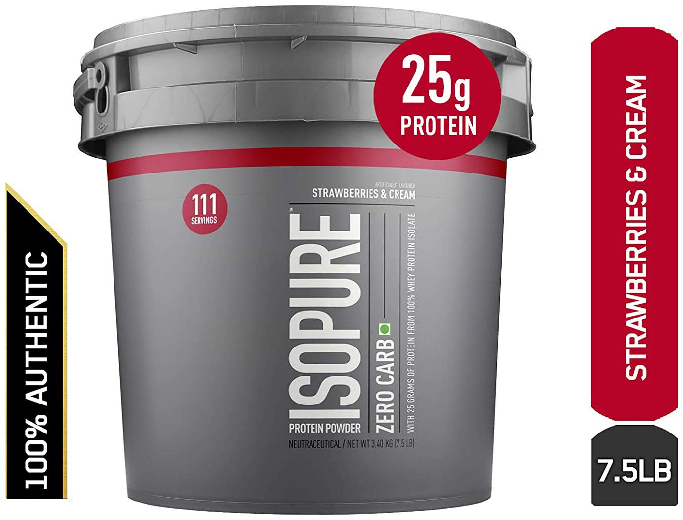 

Isopure Zero Carb 100 Whey Protein Isolate Powder with 25g Protein per serve - 7 5 lbs 3 4 kg Strawberries Cream