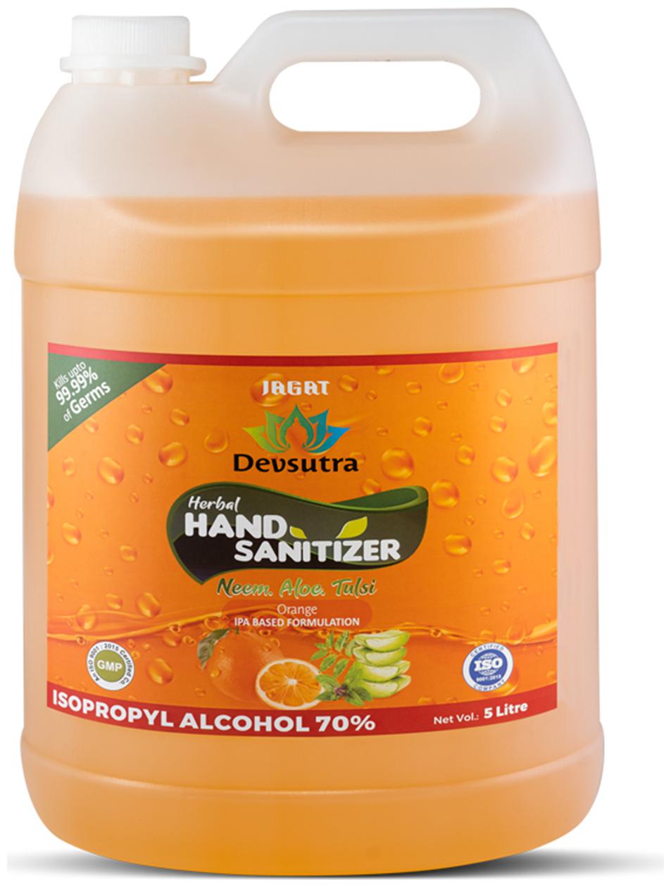 

Jagat ISO Certified Orange Flavour 5 L Hand Herbal Sanitizer with Aloevera Tulsi Neem Leaf Extracts Pack of 1 5L