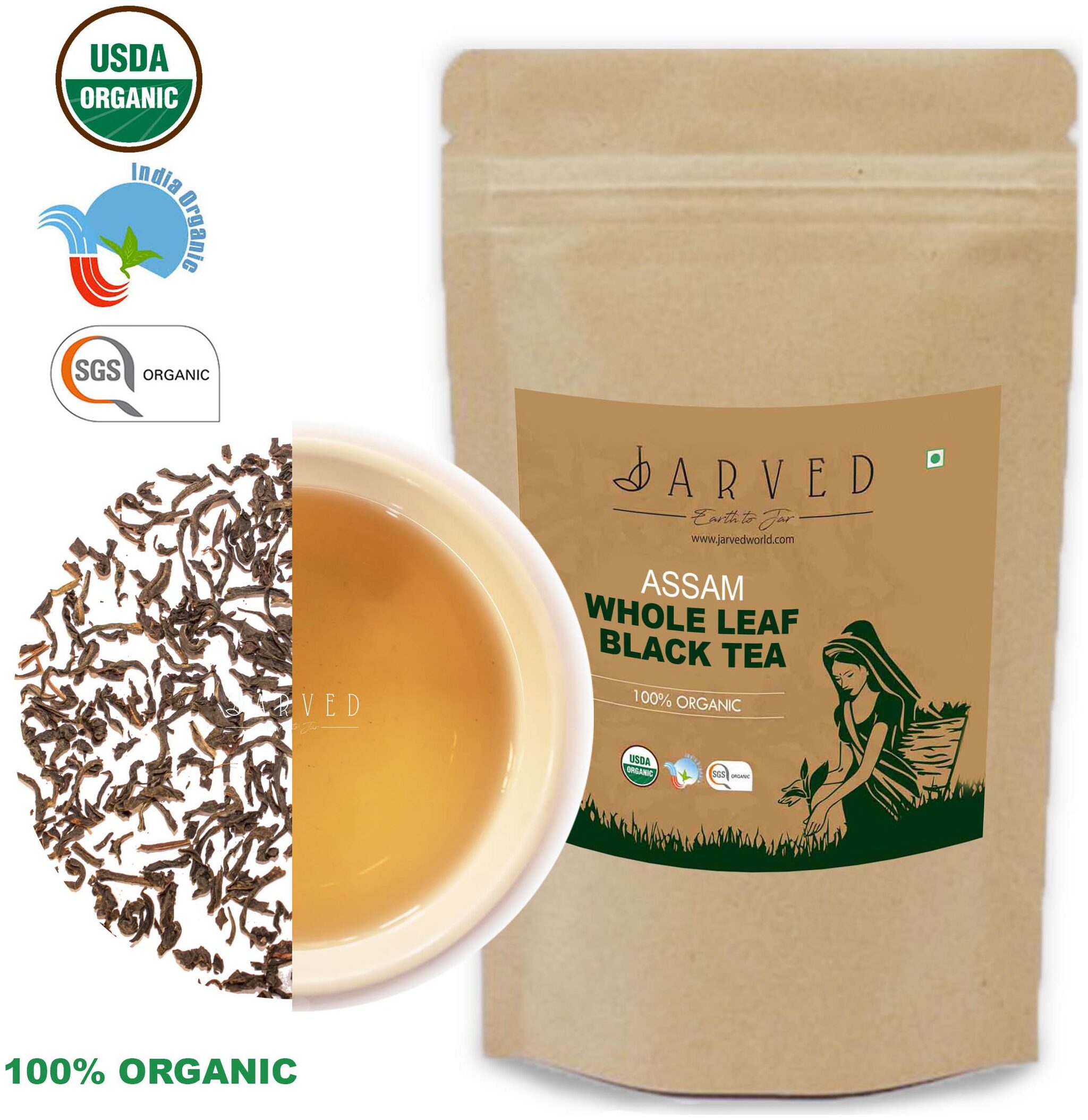 

Jarved Organic Whole Leaf Assam Black Tea 3 Months Detox and Slimming Tea Premium Grade 100g Each (Pack of 2)