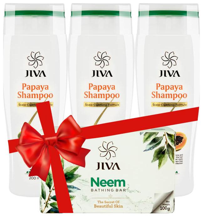 

Jiva Papaya Shampoo (200 ml) Pack of 3 with Neem Soap Single Free