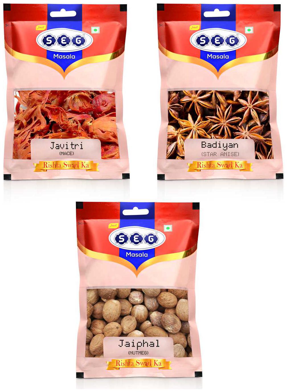 

Just Seg Masala Javitri 25g Star Anise 50g Jaifal 50g (PACK OF 3)