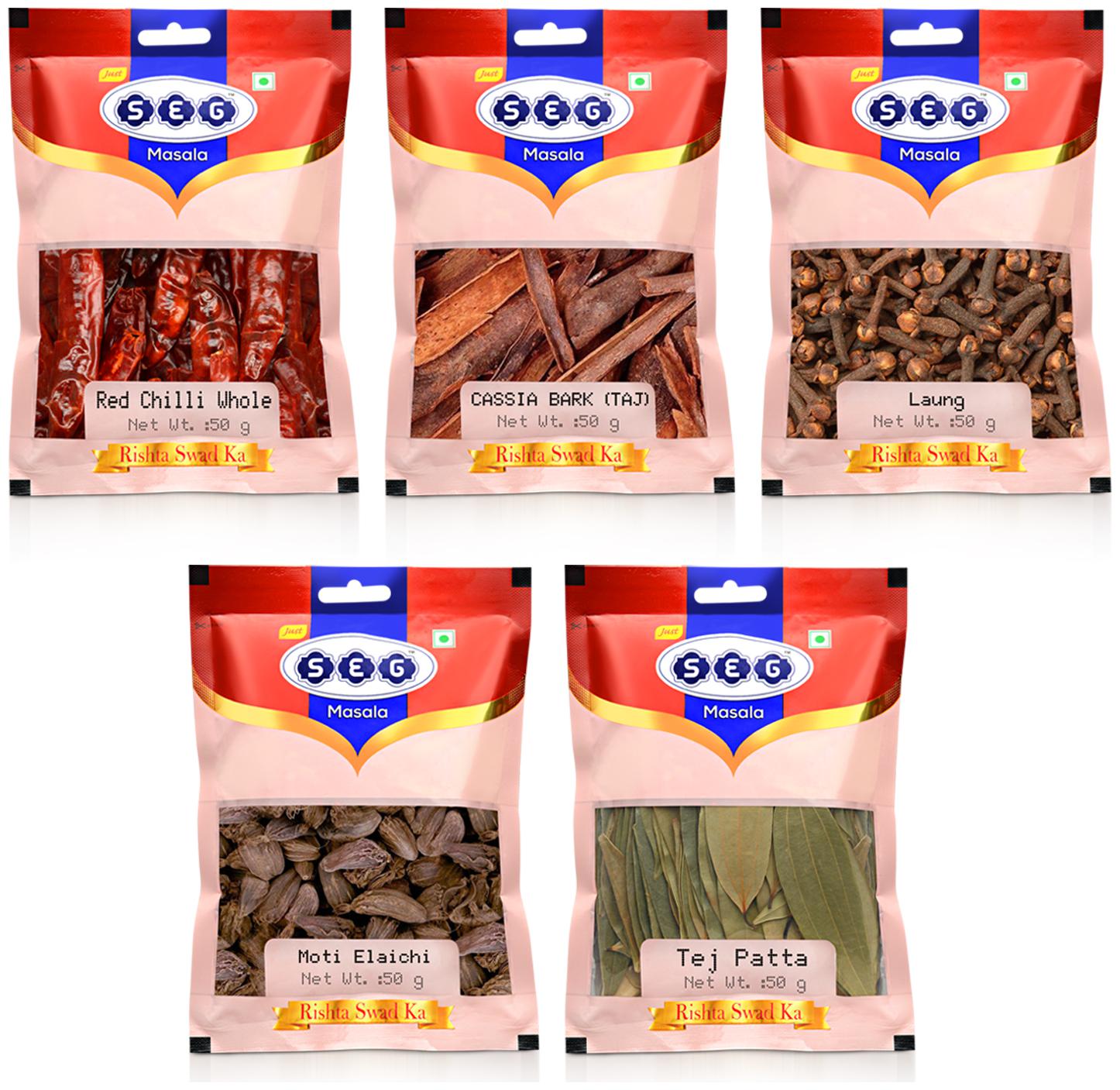 

Just Seg Whole Spices Masala -Moti Elaichi 100g Laung 50g Cassia Bark 50g Tejpatta 50g Red Chilli 50g(Pack Of 5)
