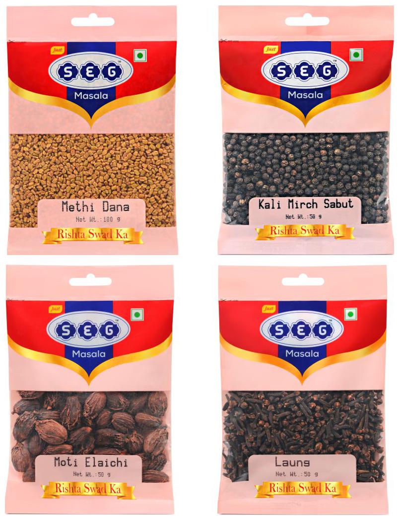 

Just Seg Whole Spices Masala - Methi Dana 100g Kali Mirchi 50g Moti Elaichi 50g Laung 50g(Pack Of 4)