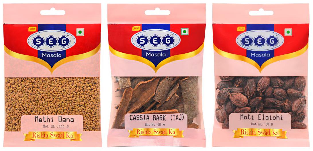 

Just Seg Whole Spices Masala - Methi Dana 100g Cassia Bark (Taj) 50g Moti Elaichi 50g(Pack Of 3)